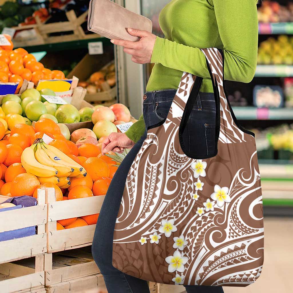 Plumeria With Brown Polynesian Tattoo Pattern Grocery Bag