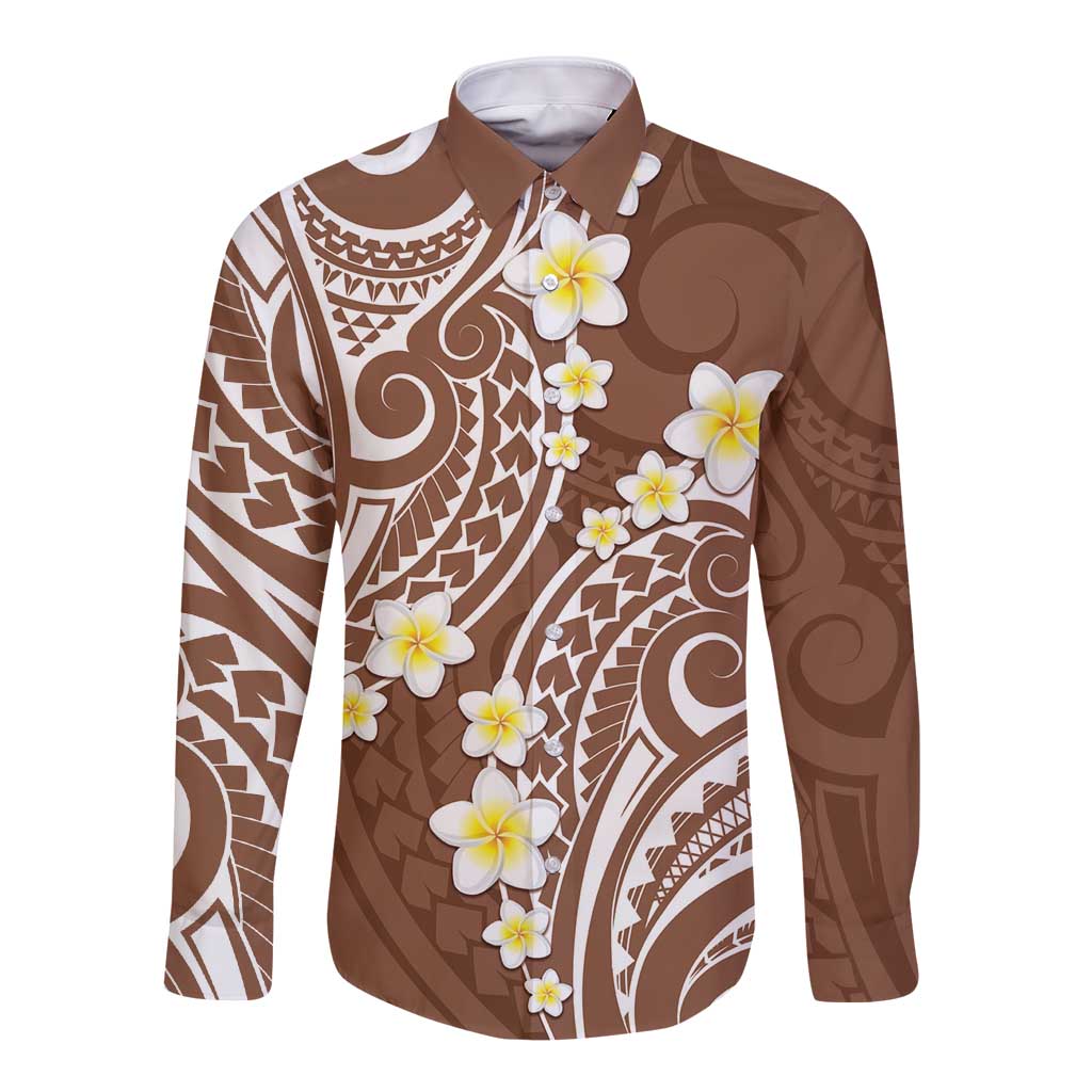 Plumeria With Brown Polynesian Tattoo Pattern Long Sleeve Button Shirt LT05 Unisex Brown - Polynesian Pride