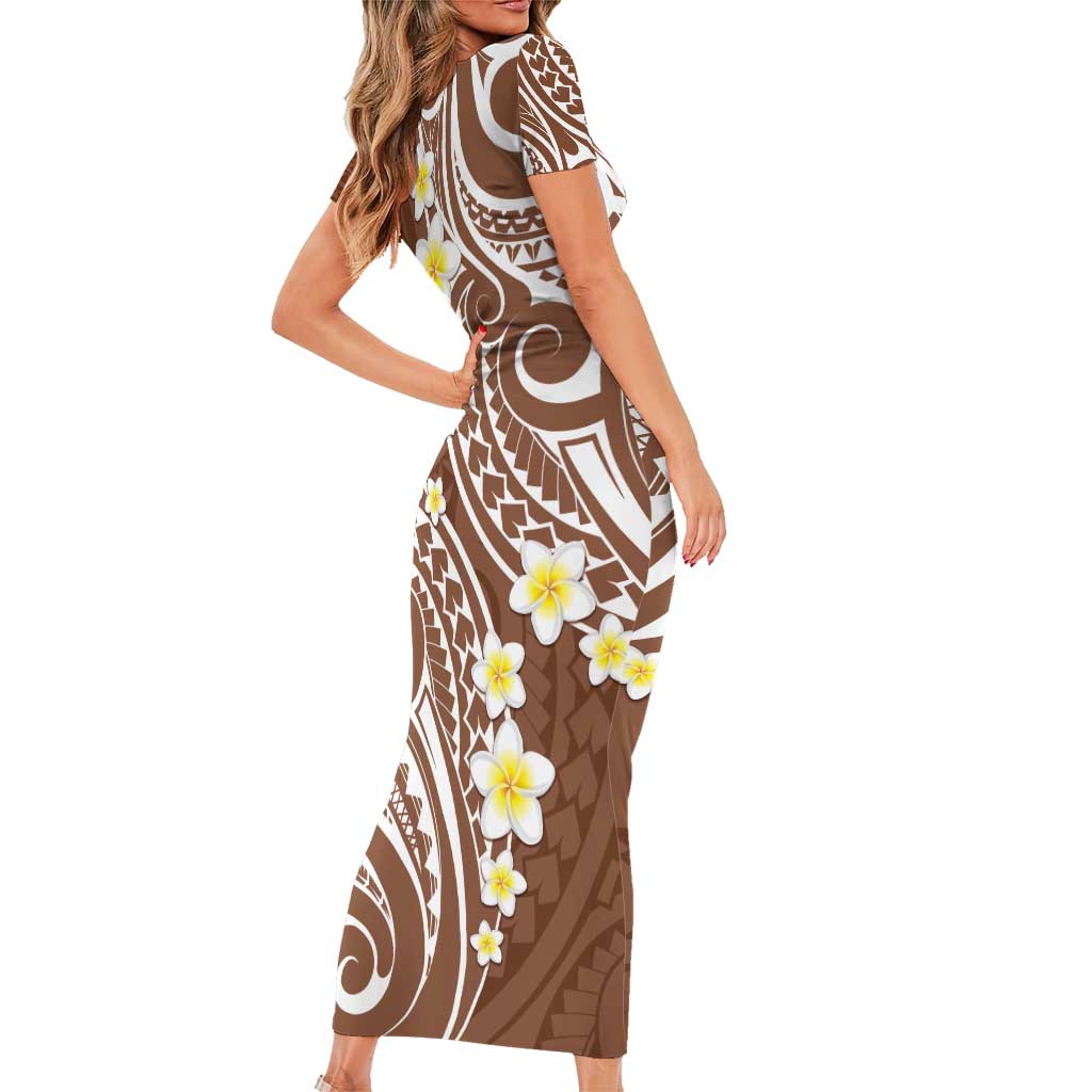 Plumeria With Brown Polynesian Tattoo Pattern Short Sleeve Bodycon Dress