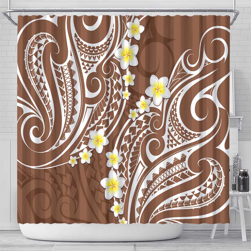 Plumeria With Brown Polynesian Tattoo Pattern Shower Curtain