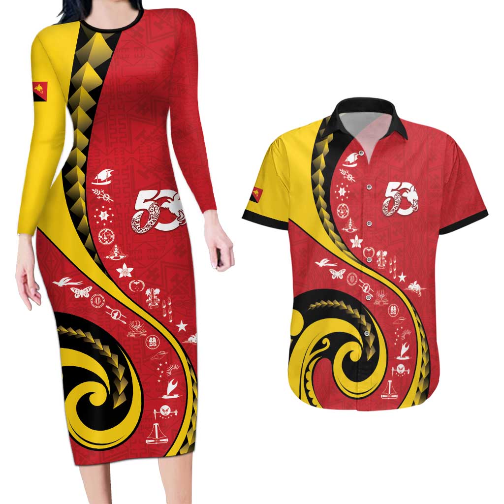 Papua New Guinea 50th Independence Anniversary Couples Matching Long Sleeve Bodycon Dress and Hawaiian Shirt Special Style Red Version - Polynesian Pride