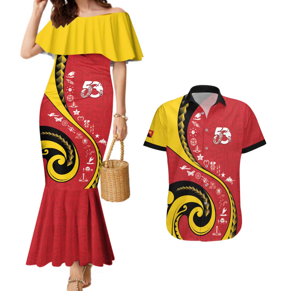 Papua New Guinea 50th Independence Anniversary Couples Matching Mermaid Dress and Hawaiian Shirt Special Style Red Version - Polynesian Pride