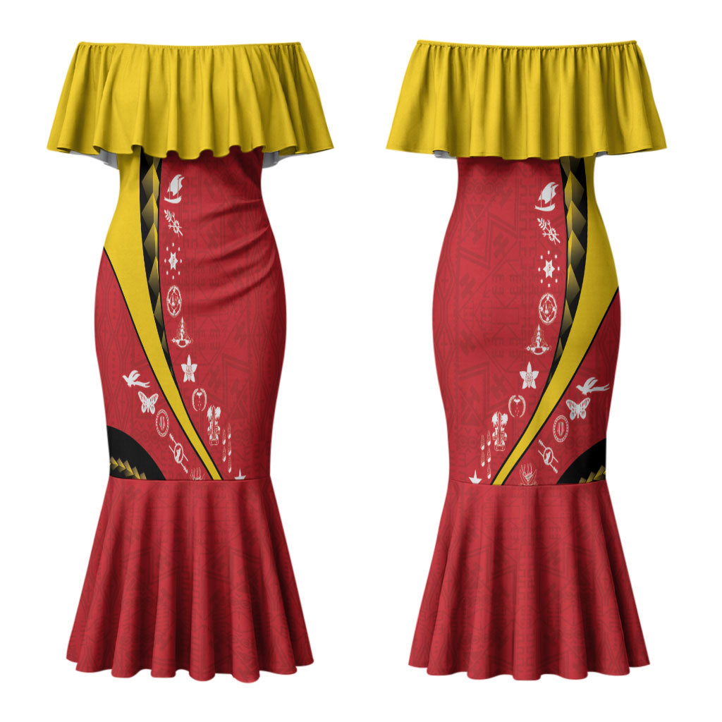 Papua New Guinea Independence Couples Matching Mermaid Dress and Long Sleeve Button Shirt Special Style Red Version LT05 - Polynesian Pride