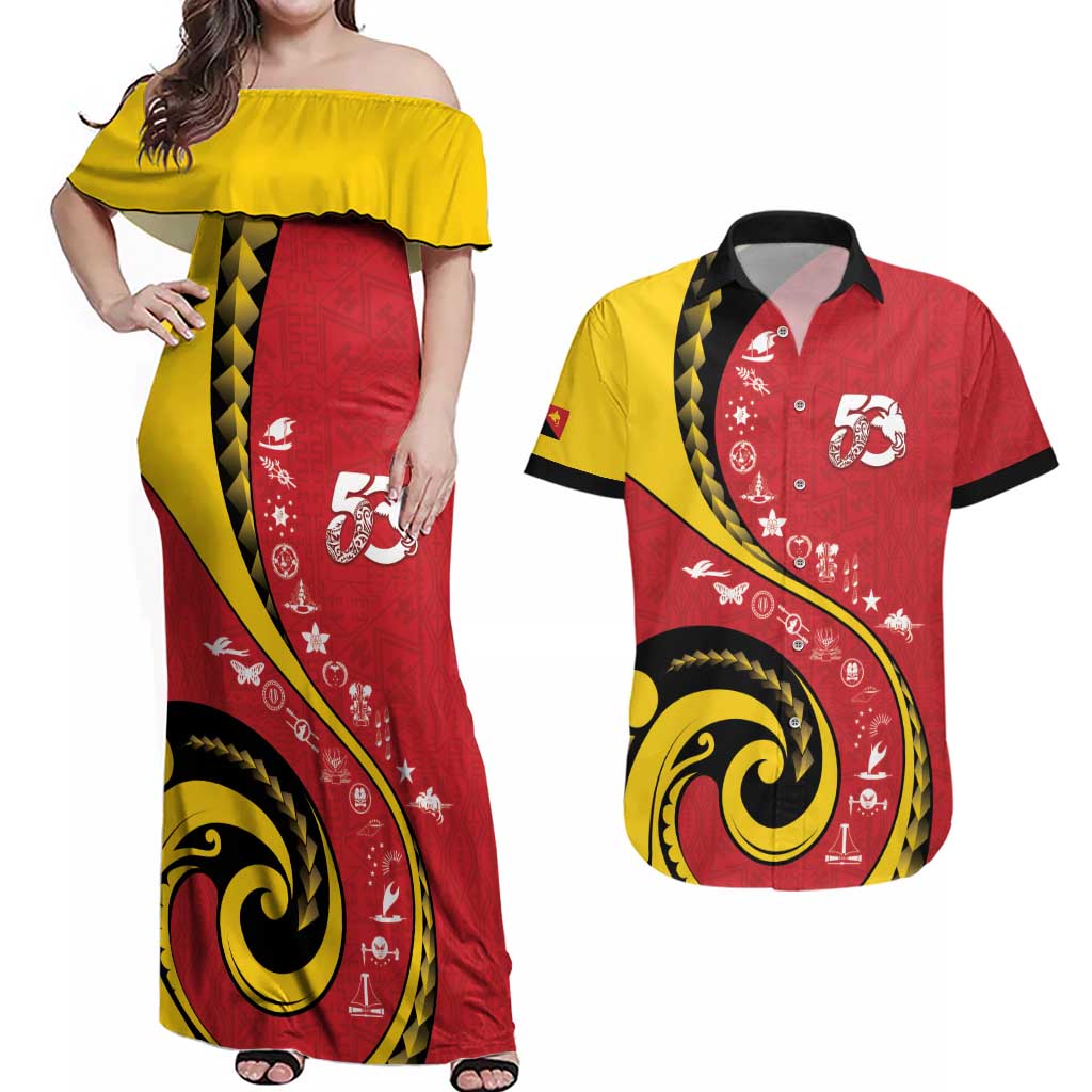 Papua New Guinea 50th Independence Anniversary Couples Matching Off Shoulder Maxi Dress and Hawaiian Shirt Special Style Red Version - Polynesian Pride