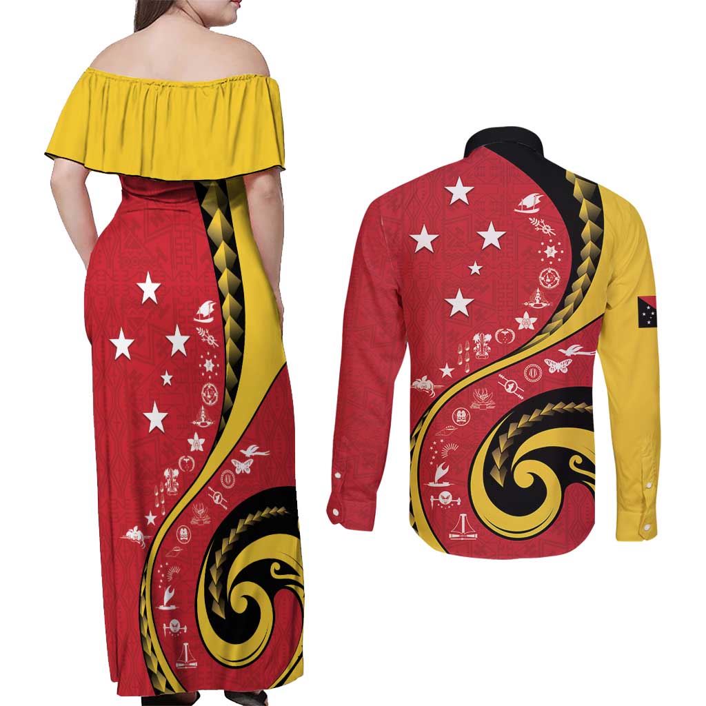 Papua New Guinea 50th Independence Anniversary Couples Matching Off Shoulder Maxi Dress and Long Sleeve Button Shirt Special Style Red Version - Polynesian Pride