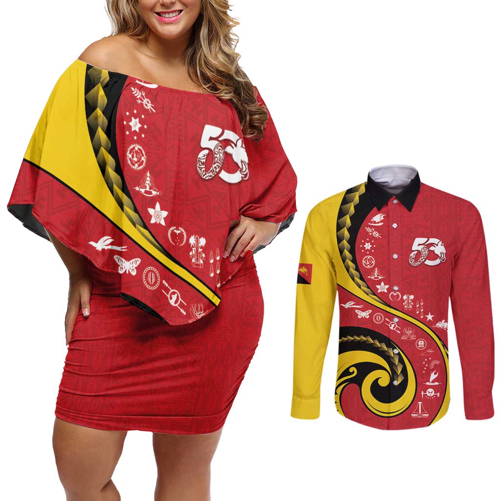 Papua New Guinea 50th Independence Anniversary Couples Matching Off Shoulder Short Dress and Long Sleeve Button Shirt Special Style Red Version - Polynesian Pride