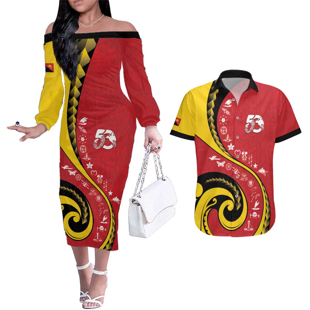 Papua New Guinea 50th Independence Anniversary Couples Matching Off The Shoulder Long Sleeve Dress and Hawaiian Shirt Special Style Red Version - Polynesian Pride