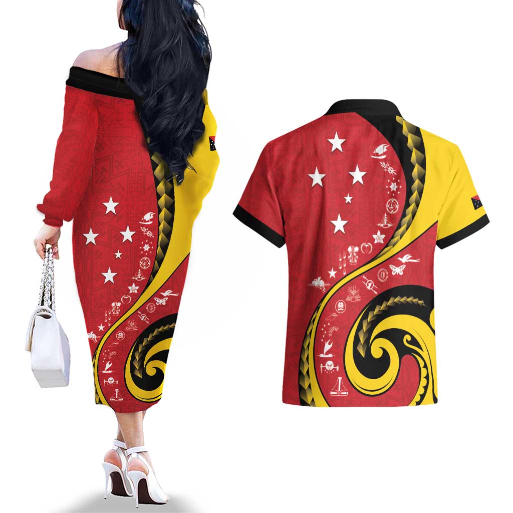 Papua New Guinea 50th Independence Anniversary Couples Matching Off The Shoulder Long Sleeve Dress and Hawaiian Shirt Special Style Red Version - Polynesian Pride