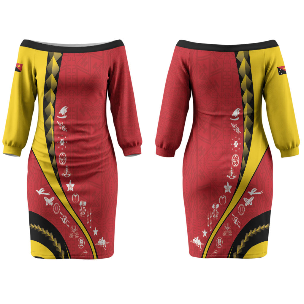 Papua New Guinea Independence Couples Matching Off The Shoulder Long Sleeve Dress and Long Sleeve Button Shirt Special Style Red Version LT05 - Polynesian Pride