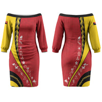 Papua New Guinea Independence Couples Matching Off The Shoulder Long Sleeve Dress and Long Sleeve Button Shirt Special Style Red Version LT05 - Polynesian Pride