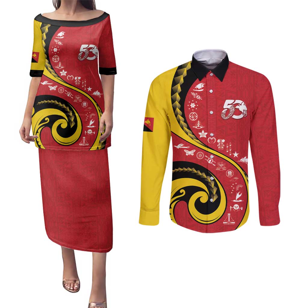Papua New Guinea 50th Independence Anniversary Couples Matching Puletasi and Long Sleeve Button Shirt Special Style Red Version - Polynesian Pride