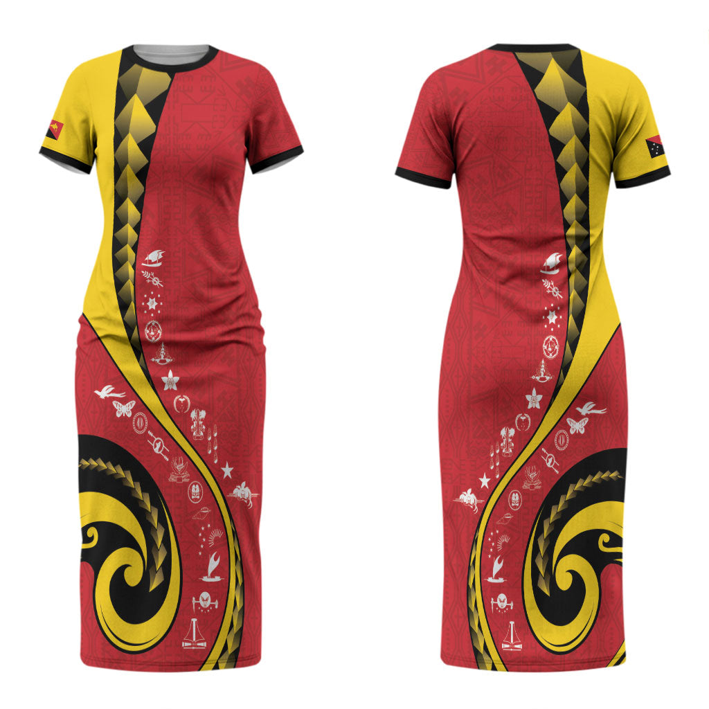 Papua New Guinea Independence Couples Matching Short Sleeve Bodycon Dress and Long Sleeve Button Shirt Special Style Red Version LT05 - Polynesian Pride