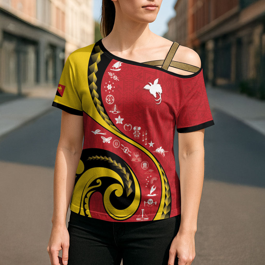 Papua New Guinea Independence Cross Shoulder Shirt Special Style Red Version LT05 - Polynesian Pride