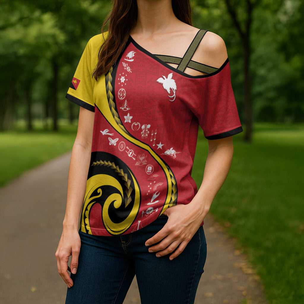 Papua New Guinea Independence Cross Shoulder Shirt Special Style Red Version LT05 - Polynesian Pride