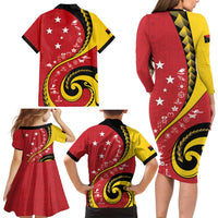 Papua New Guinea 50th Independence Anniversary Family Matching Long Sleeve Bodycon Dress and Hawaiian Shirt Special Style Red Version - Polynesian Pride