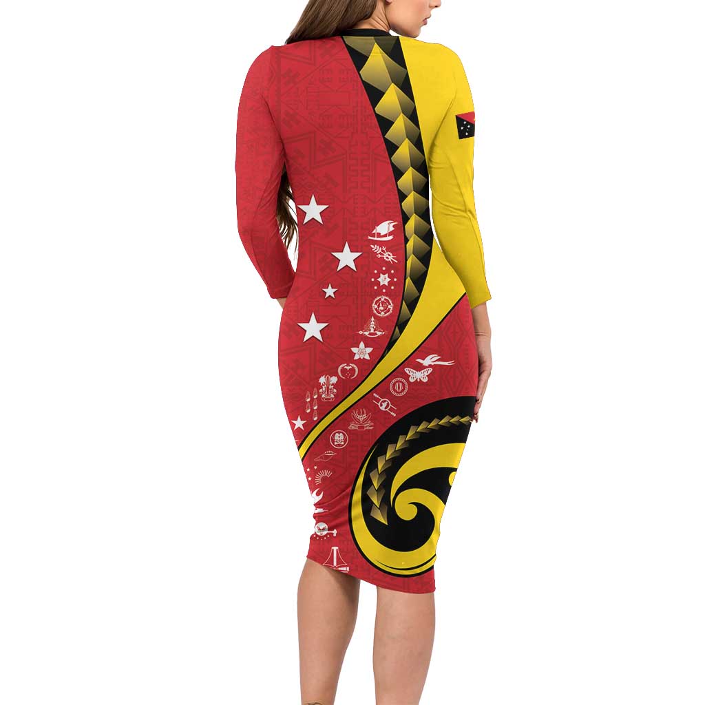 Papua New Guinea 50th Independence Anniversary Family Matching Long Sleeve Bodycon Dress and Hawaiian Shirt Special Style Red Version - Polynesian Pride