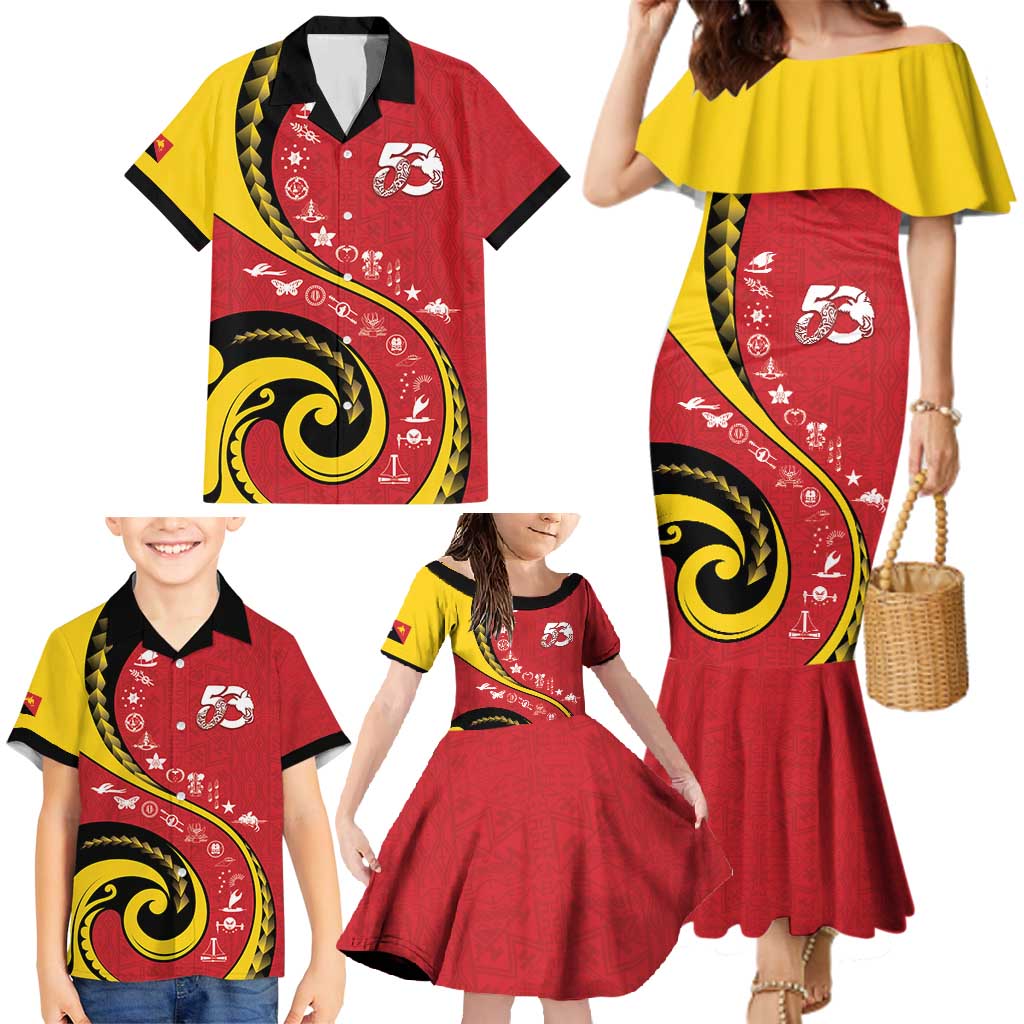 Papua New Guinea 50th Independence Anniversary Family Matching Mermaid Dress and Hawaiian Shirt Special Style Red Version - Polynesian Pride