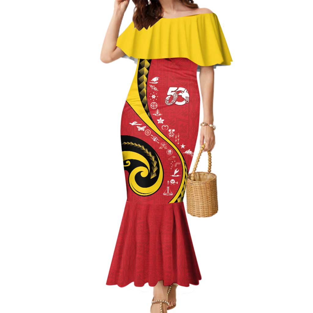 Papua New Guinea 50th Independence Anniversary Family Matching Mermaid Dress and Hawaiian Shirt Special Style Red Version - Polynesian Pride