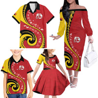 Papua New Guinea 50th Independence Anniversary Family Matching Off The Shoulder Long Sleeve Dress and Hawaiian Shirt Special Style Red Version - Polynesian Pride