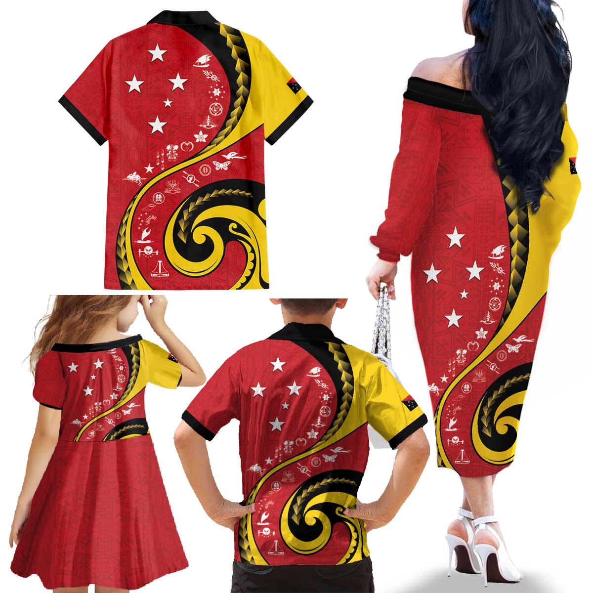 Papua New Guinea 50th Independence Anniversary Family Matching Off The Shoulder Long Sleeve Dress and Hawaiian Shirt Special Style Red Version - Polynesian Pride