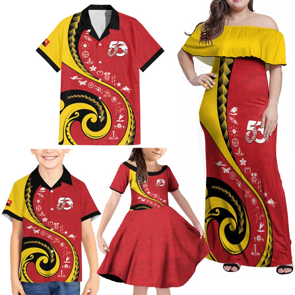 Papua New Guinea 50th Independence Anniversary Family Matching Off Shoulder Maxi Dress and Hawaiian Shirt Special Style Red Version - Polynesian Pride