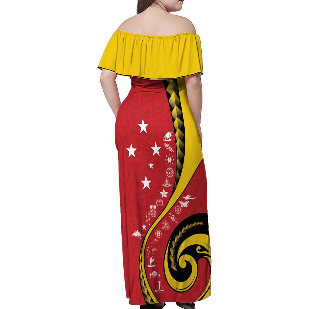 Papua New Guinea 50th Independence Anniversary Family Matching Off Shoulder Maxi Dress and Hawaiian Shirt Special Style Red Version - Polynesian Pride