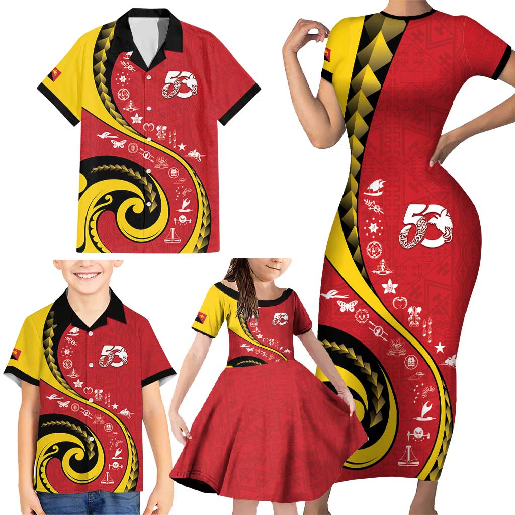 Papua New Guinea 50th Independence Anniversary Family Matching Short Sleeve Bodycon Dress and Hawaiian Shirt Special Style Red Version - Polynesian Pride