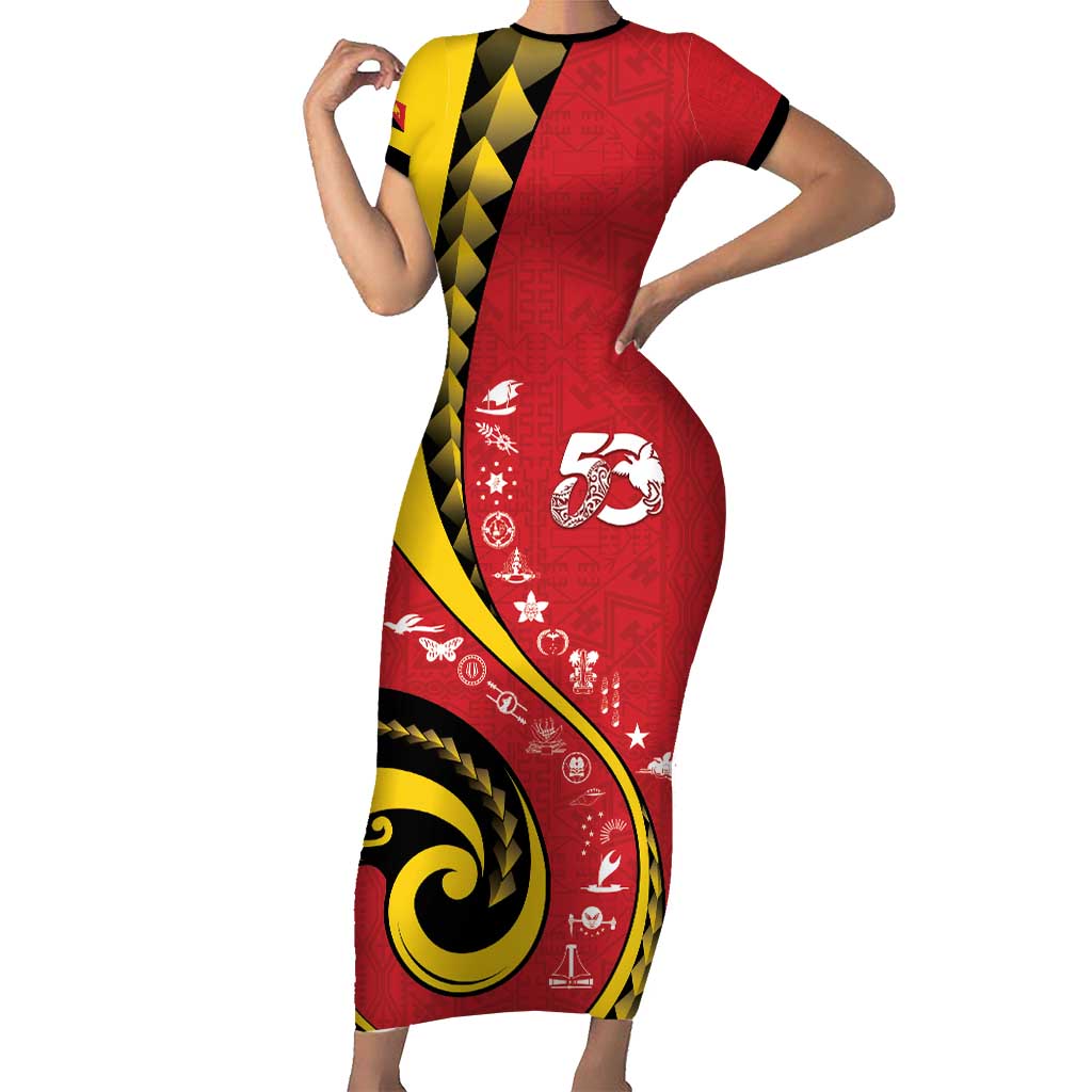 Papua New Guinea 50th Independence Anniversary Family Matching Short Sleeve Bodycon Dress and Hawaiian Shirt Special Style Red Version - Polynesian Pride