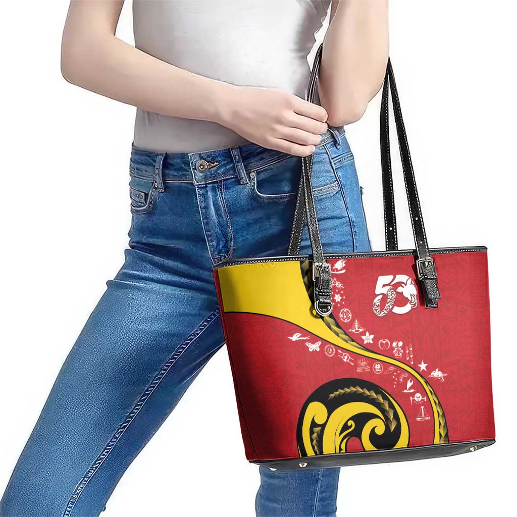 Papua New Guinea 50th Independence Anniversary Leather Tote Bag Special Style Red Version - Polynesian Pride