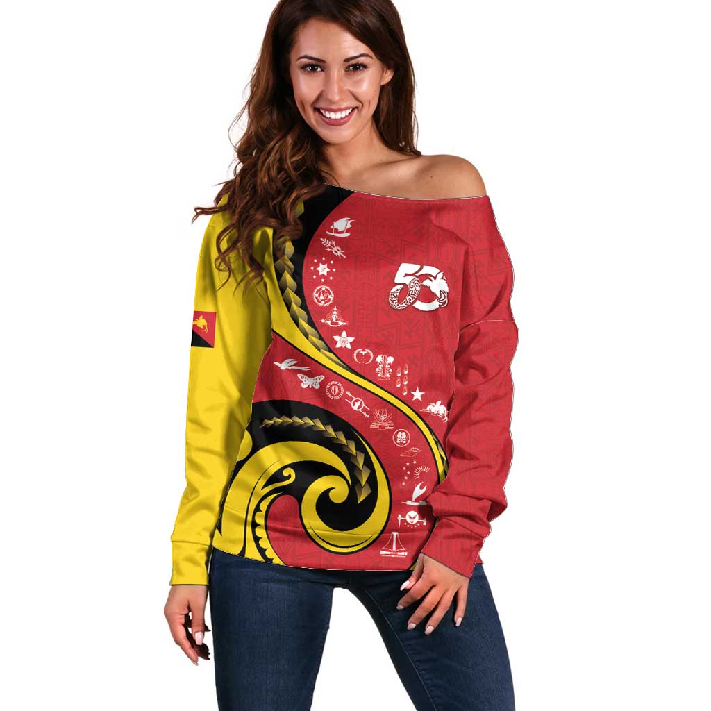 Papua New Guinea 50th Independence Anniversary Off Shoulder Sweater Special Style Red Version - Polynesian Pride