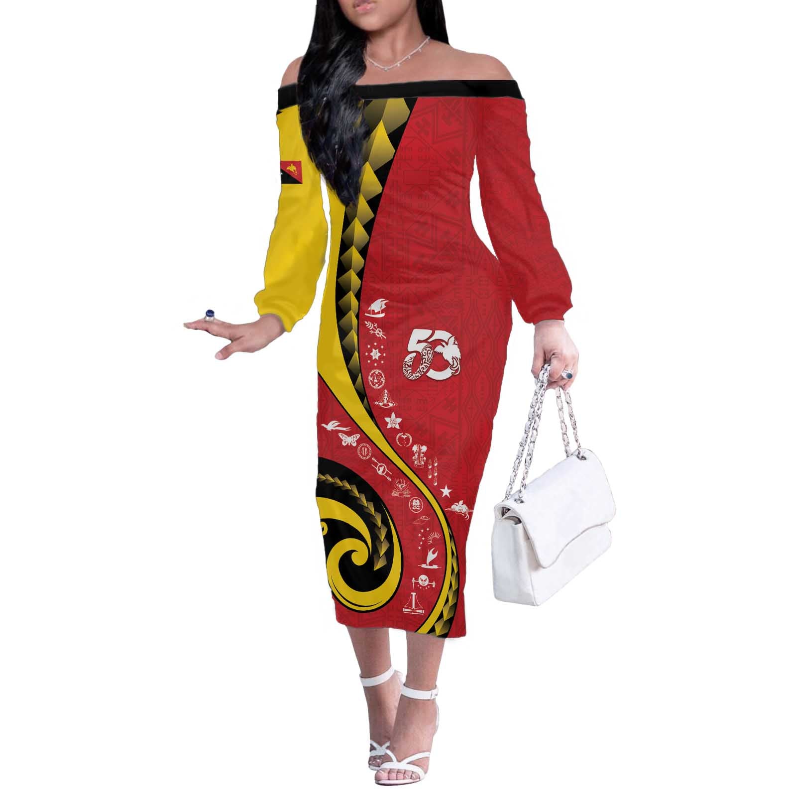 Papua New Guinea 50th Independence Anniversary Off The Shoulder Long Sleeve Dress Special Style Red Version - Polynesian Pride