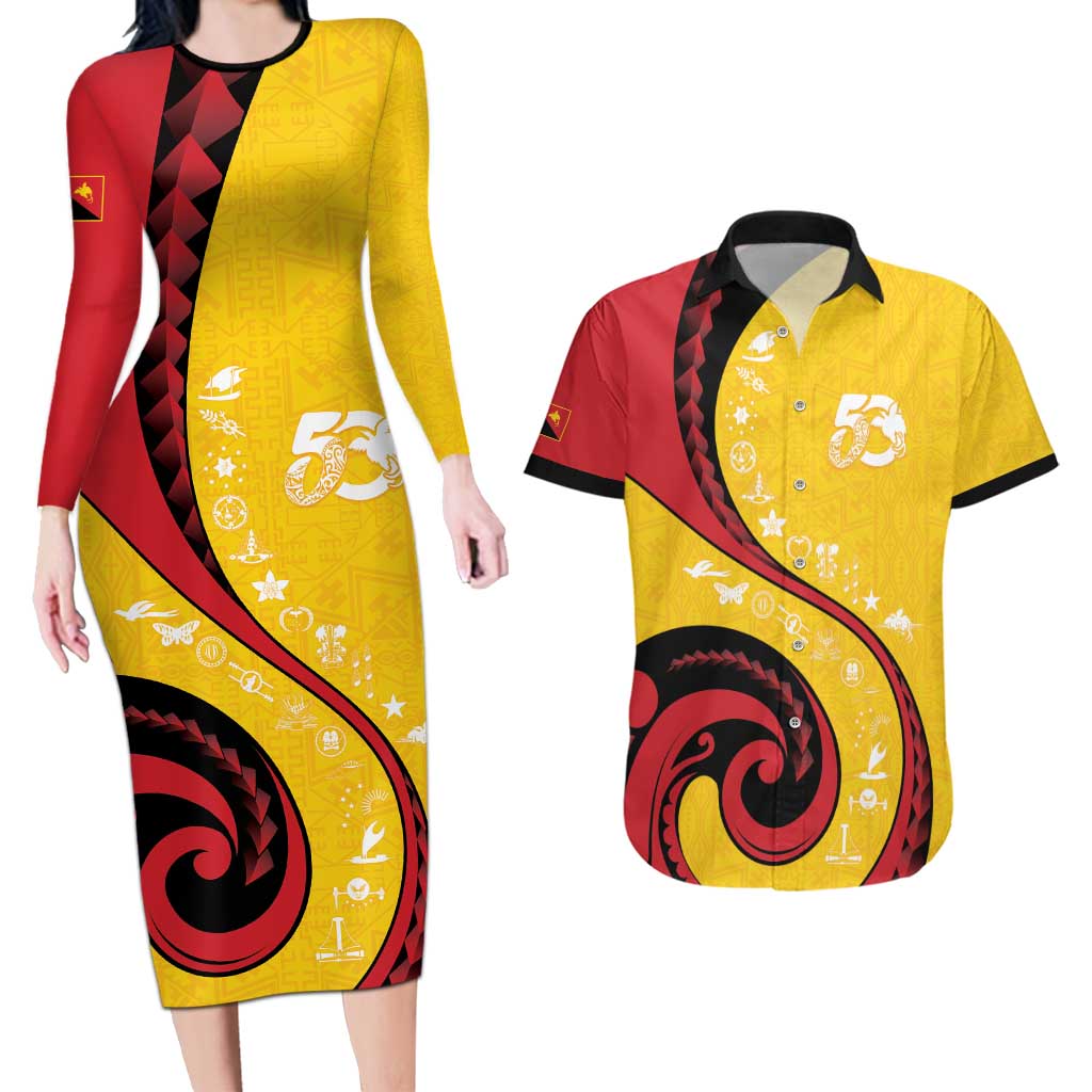 Papua New Guinea 50th Independence Anniversary Couples Matching Long Sleeve Bodycon Dress and Hawaiian Shirt Special Style Yellow Version - Polynesian Pride