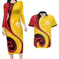 Papua New Guinea 50th Independence Anniversary Couples Matching Long Sleeve Bodycon Dress and Hawaiian Shirt Special Style Yellow Version - Polynesian Pride