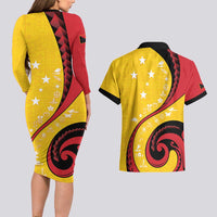 Papua New Guinea 50th Independence Anniversary Couples Matching Long Sleeve Bodycon Dress and Hawaiian Shirt Special Style Yellow Version - Polynesian Pride