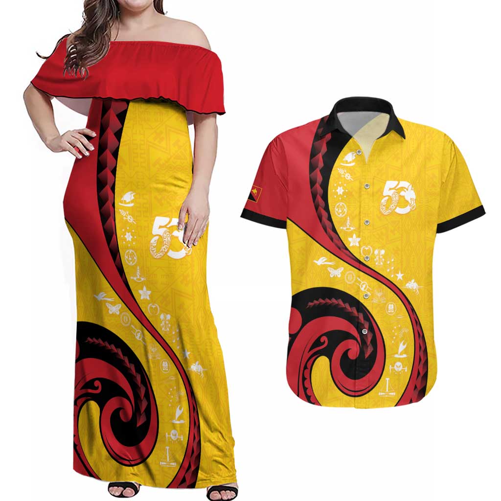 Papua New Guinea 50th Independence Anniversary Couples Matching Off Shoulder Maxi Dress and Hawaiian Shirt Special Style Yellow Version - Polynesian Pride
