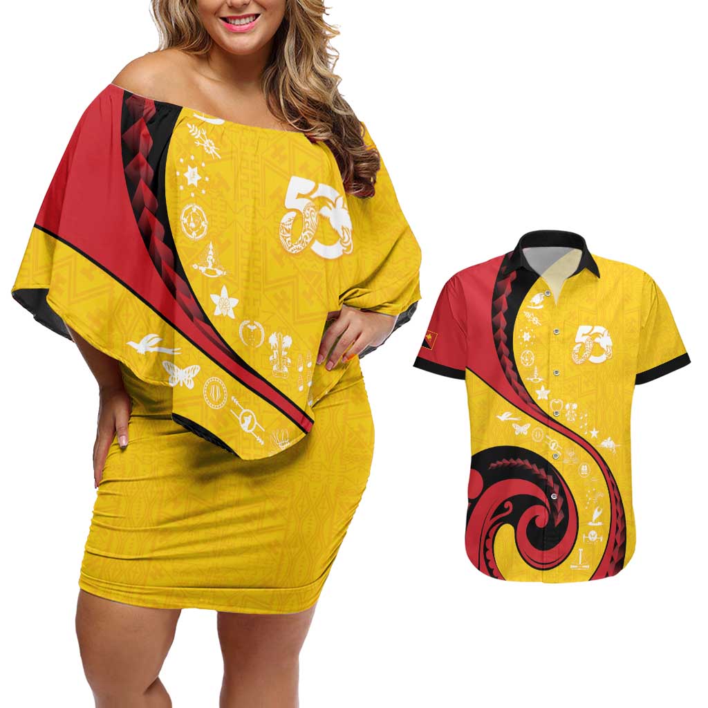 Papua New Guinea 50th Independence Anniversary Couples Matching Off Shoulder Short Dress and Hawaiian Shirt Special Style Yellow Version - Polynesian Pride