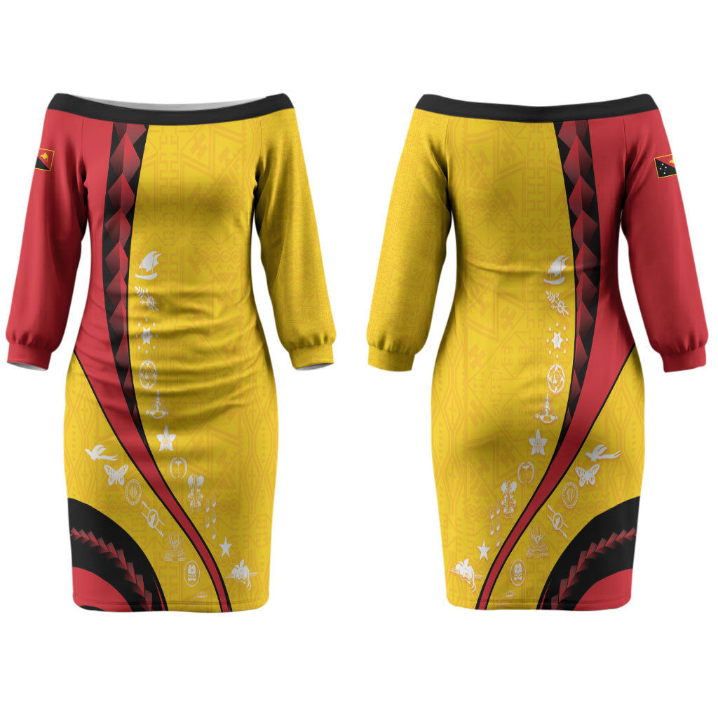 Papua New Guinea Independence Couples Matching Off The Shoulder Long Sleeve Dress and Hawaiian Shirt Special Style Yellow Version LT05 - Polynesian Pride