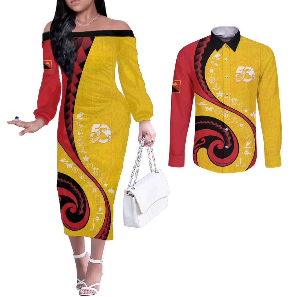 Papua New Guinea 50th Independence Anniversary Couples Matching Off The Shoulder Long Sleeve Dress and Long Sleeve Button Shirt Special Style Yellow Version - Polynesian Pride