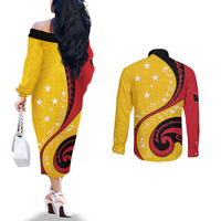 Papua New Guinea 50th Independence Anniversary Couples Matching Off The Shoulder Long Sleeve Dress and Long Sleeve Button Shirt Special Style Yellow Version - Polynesian Pride