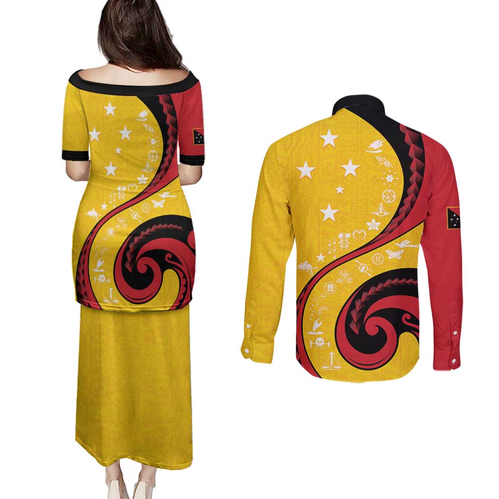 Papua New Guinea 50th Independence Anniversary Couples Matching Puletasi and Long Sleeve Button Shirt Special Style Yellow Version - Polynesian Pride