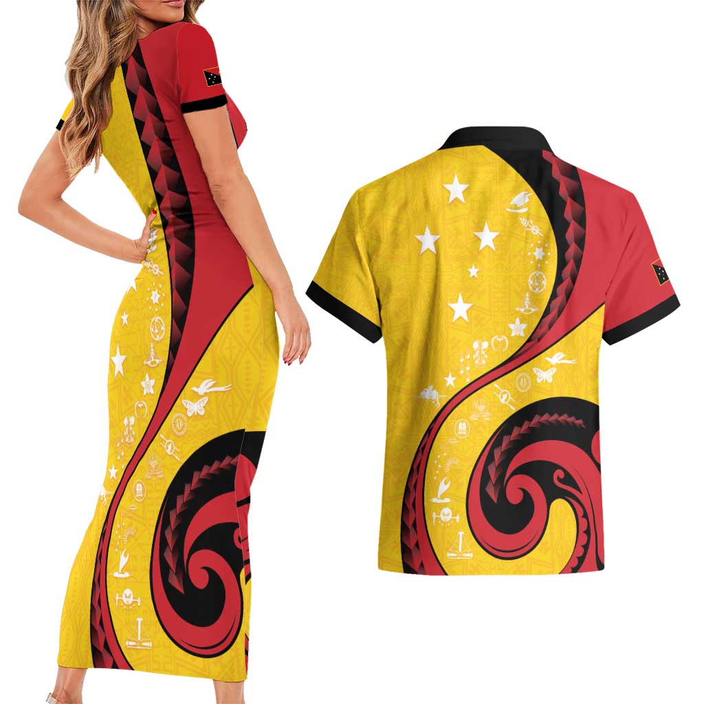 Papua New Guinea 50th Independence Anniversary Couples Matching Short Sleeve Bodycon Dress and Hawaiian Shirt Special Style Yellow Version - Polynesian Pride