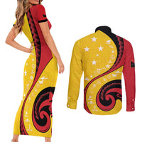 Papua New Guinea 50th Independence Anniversary Couples Matching Short Sleeve Bodycon Dress and Long Sleeve Button Shirt Special Style Yellow Version - Polynesian Pride