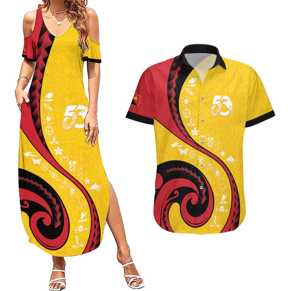 Papua New Guinea 50th Independence Anniversary Couples Matching Summer Maxi Dress and Hawaiian Shirt Special Style Yellow Version - Polynesian Pride