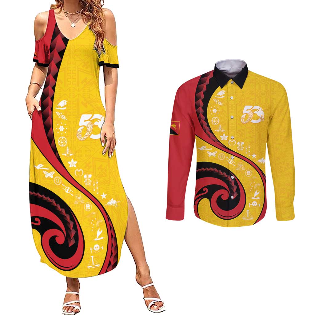Papua New Guinea 50th Independence Anniversary Couples Matching Summer Maxi Dress and Long Sleeve Button Shirt Special Style Yellow Version - Polynesian Pride