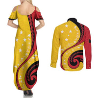 Papua New Guinea 50th Independence Anniversary Couples Matching Summer Maxi Dress and Long Sleeve Button Shirt Special Style Yellow Version - Polynesian Pride