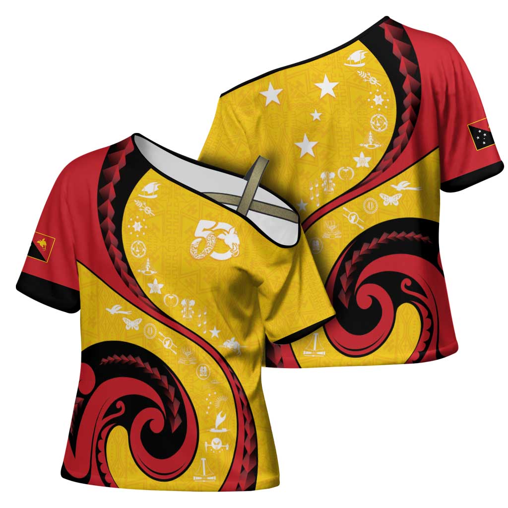 Papua New Guinea 50th Independence Anniversary Cross Shoulder Shirt Special Style Yellow Version - Polynesian Pride