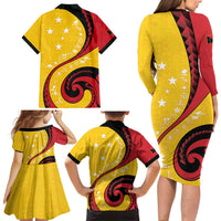 Papua New Guinea 50th Independence Anniversary Family Matching Long Sleeve Bodycon Dress and Hawaiian Shirt Special Style Yellow Version - Polynesian Pride
