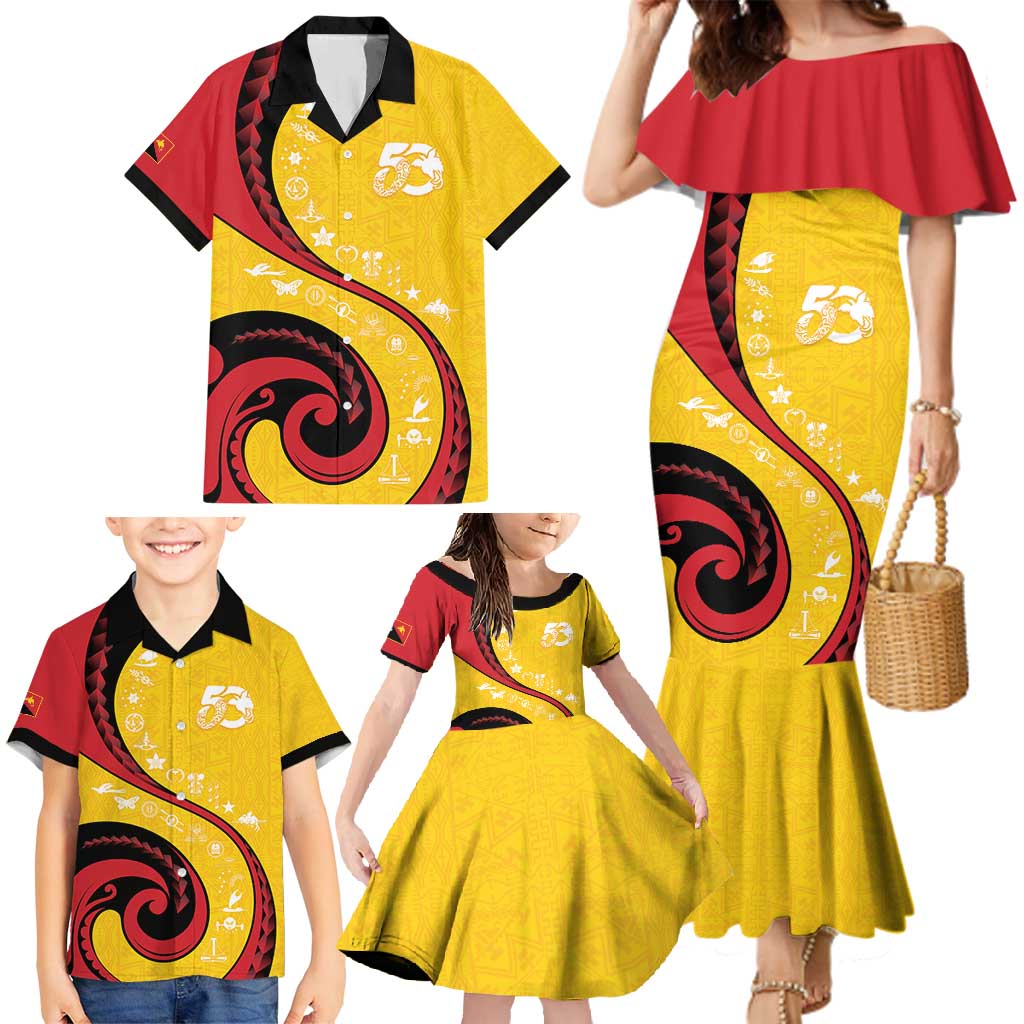 Papua New Guinea 50th Independence Anniversary Family Matching Mermaid Dress and Hawaiian Shirt Special Style Yellow Version - Polynesian Pride