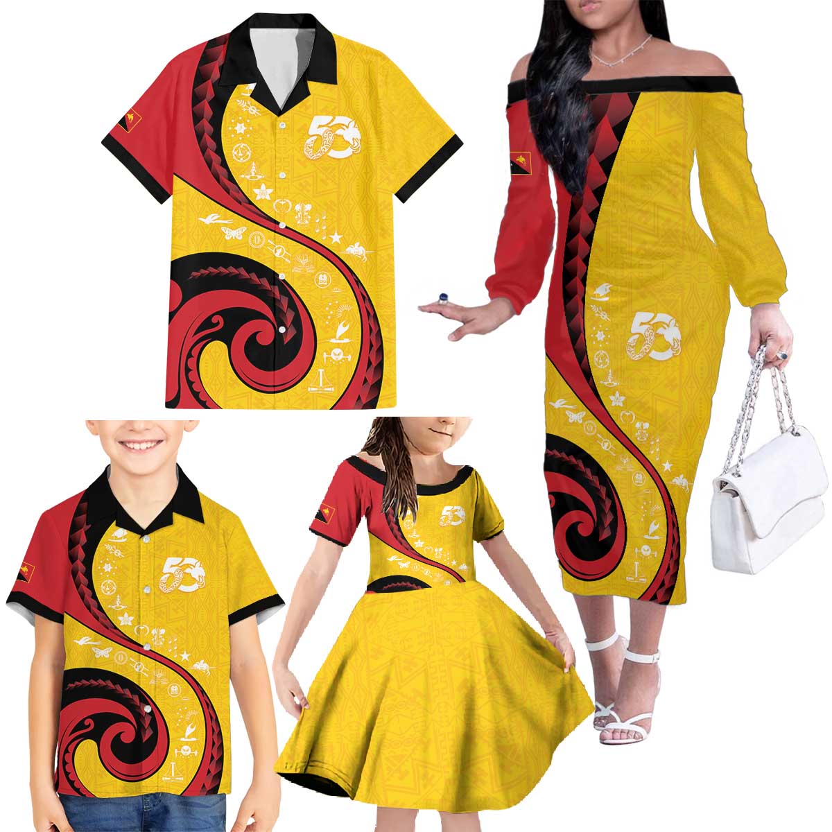 Papua New Guinea 50th Independence Anniversary Family Matching Off The Shoulder Long Sleeve Dress and Hawaiian Shirt Special Style Yellow Version - Polynesian Pride