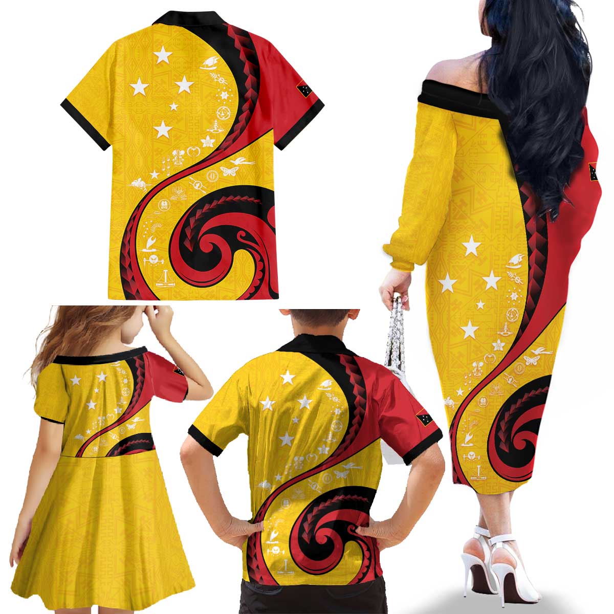 Papua New Guinea 50th Independence Anniversary Family Matching Off The Shoulder Long Sleeve Dress and Hawaiian Shirt Special Style Yellow Version - Polynesian Pride